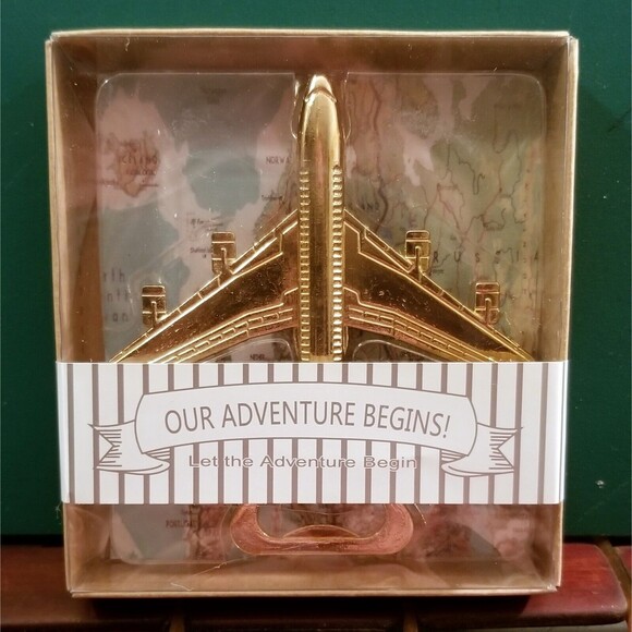 Our Adventure Begins Jet Airplane Bottle Opener Gold-tone New In Box 4"x3.5" - Picture 1 of 3